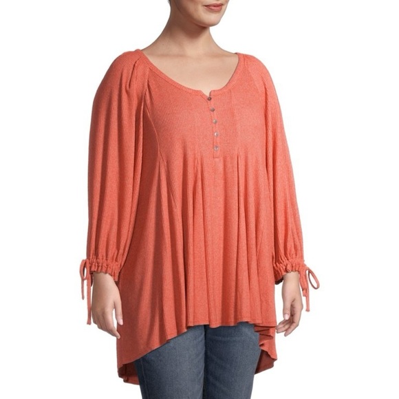 Terra & Sky Plus Size Ribbed Babydoll Henley Top Size 0x Orange Saffron HEATHER - Picture 5 of 8